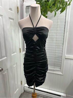Bear Dance Black Ruched Halter Mini Dress with Front Keyhole